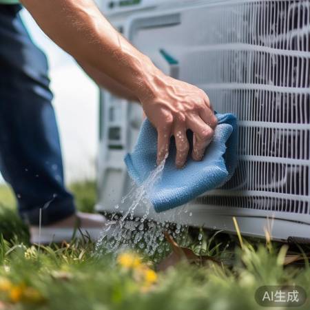 “室外机用湿布或高压水枪清洗”